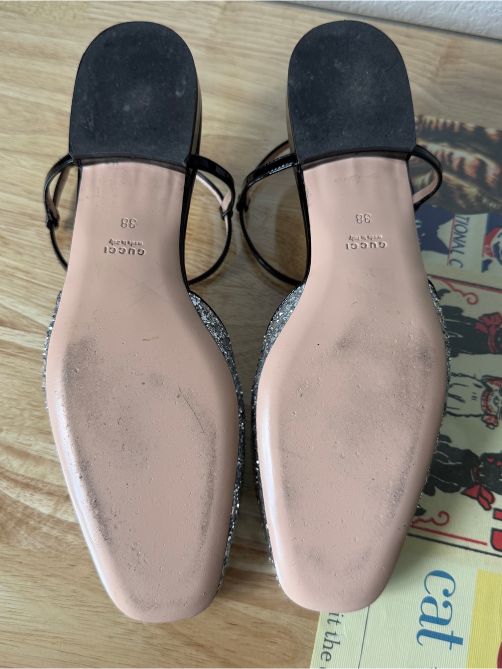 Gucci • Silver Glitter Square Toe T- Strap Flats • Women’s Size 38 • $920 - Picture 4 of 6
